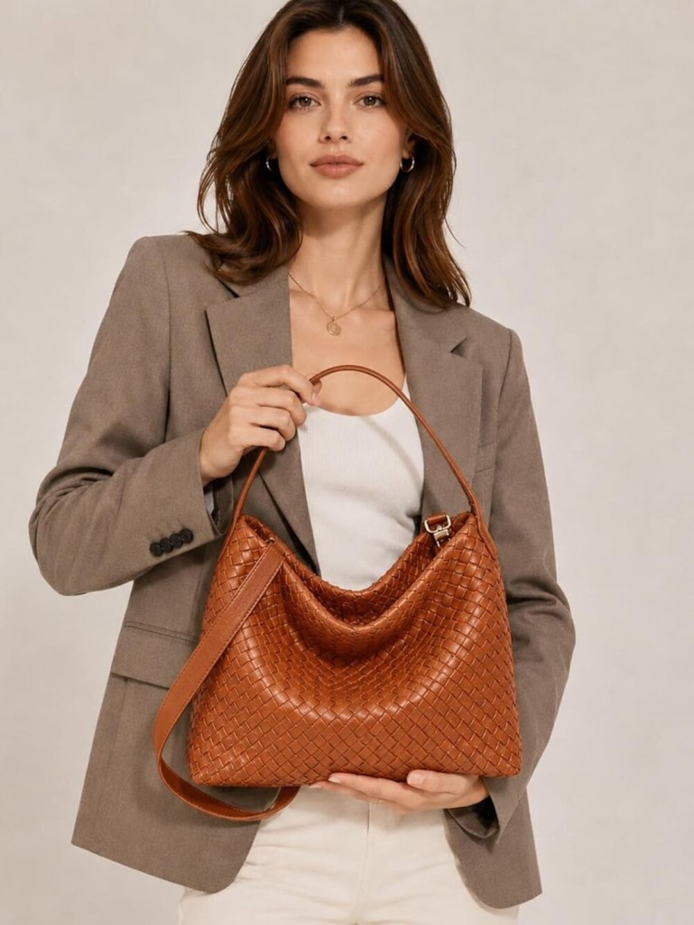 Women's Braided Suede Tote Bag Stylish Suede Hobo Shoulder Bag with Woven Detail - Picture 3 of 6